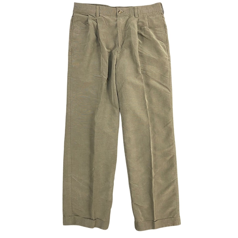Vintage Haggar Linen Blend Pleated Trousers Men 33x30 Olive Cuffed Preppy